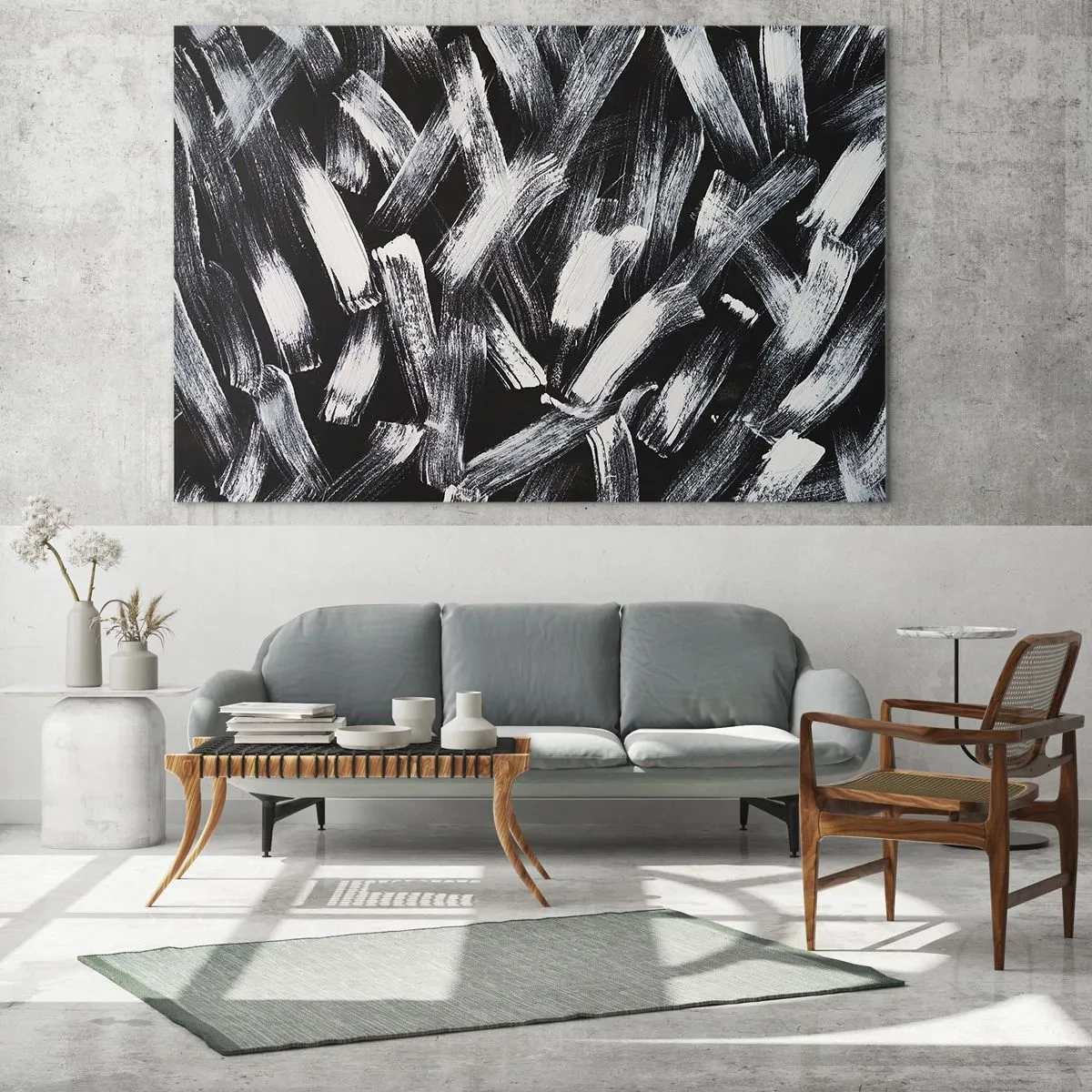 Quadro em vidro - Abstração em preto e branco de pinceladas em fundo escuro - 70x50cm - Abstração no espírito industrial - Decoração de parede moderna para a sala de estar e quarto ARTTOR