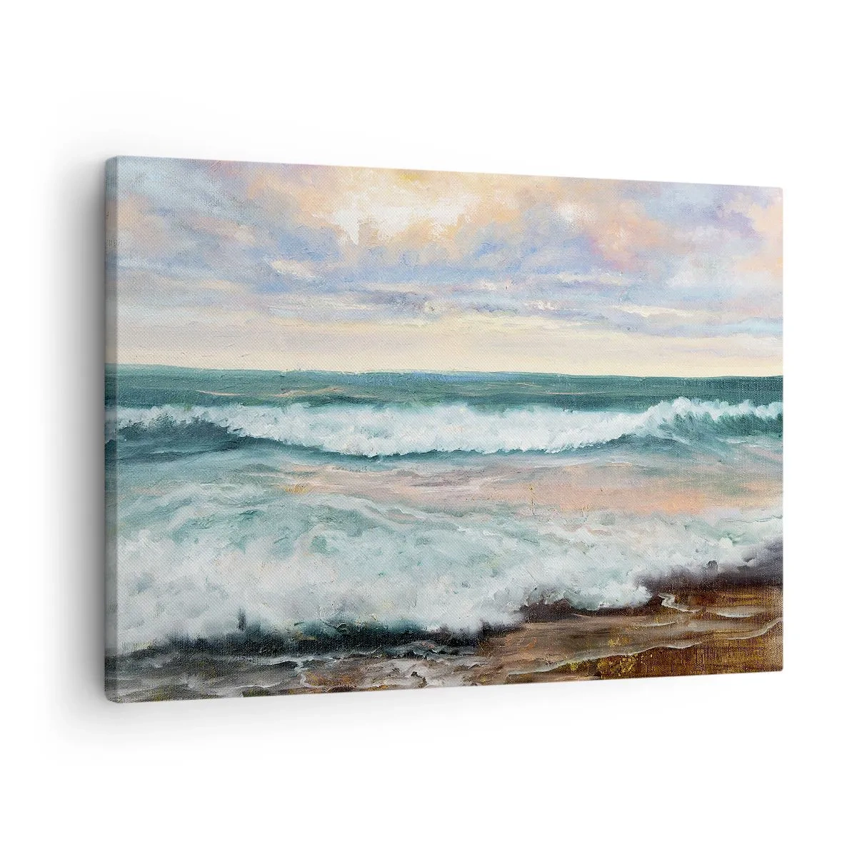Quadro em tela - Ondas do mar contra um céu nublado ao pôr do sol - 70x50cm - Aqui suavizas a alma - Decoração de parede moderna para a sala de estar e quarto ARTTOR