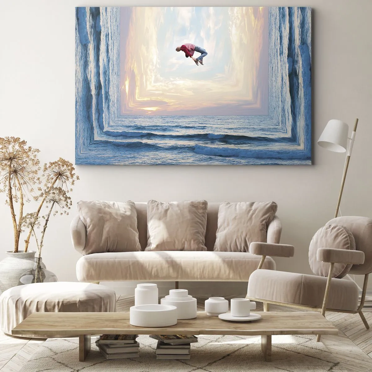 Quadro em tela - Salto surreal sobre o mar no quadro - 70x50cm - Para outra dimensão - Decoração de parede moderna para a sala de estar e quarto ARTTOR