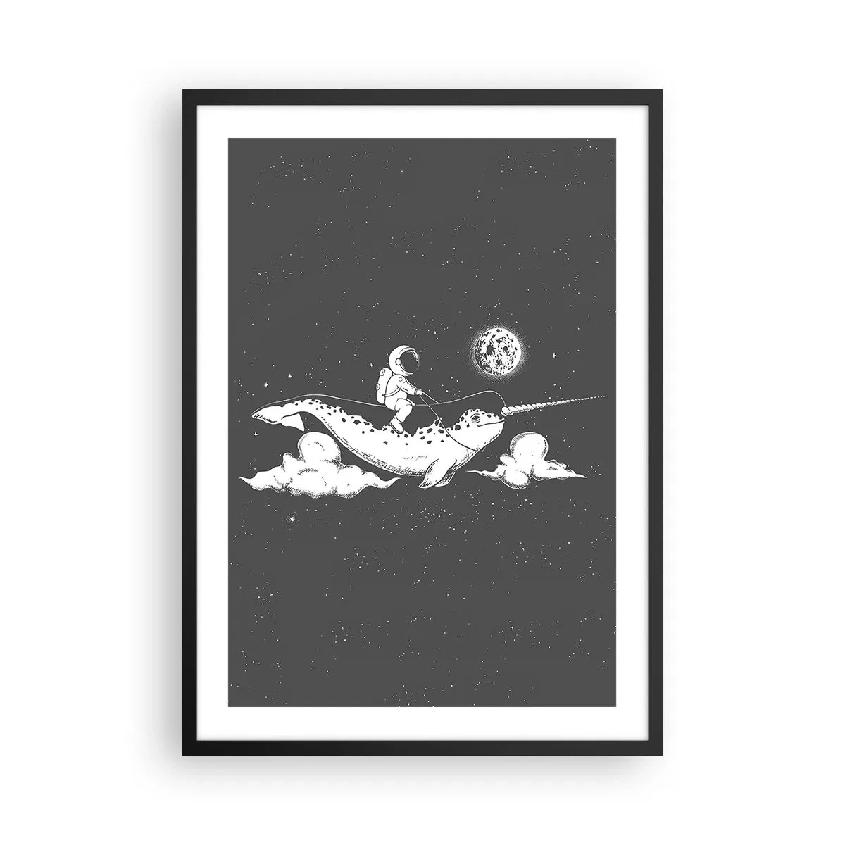 Pôster com moldura preta - Astronauta nas costas de um narval no espaço - 50x70cm - Cavaleiro Espacial - Decoração de parede moderna para a sala de estar e quarto ARTTOR