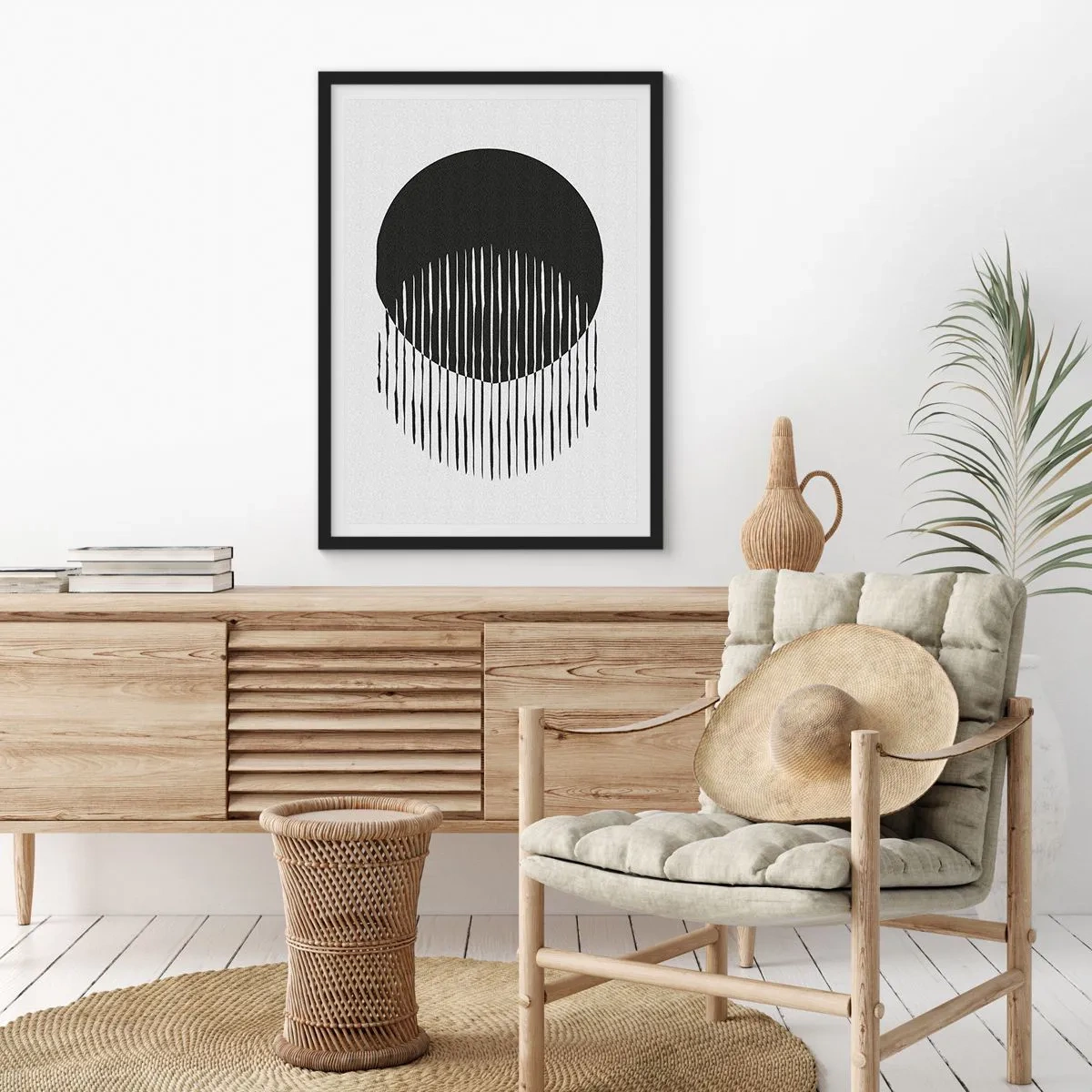 Pôster com moldura preta - Composição abstrata de um círculo preto e linhas verticais - 50x70cm - Seu alter ego - Decoração de parede moderna para a sala de estar e quarto ARTTOR