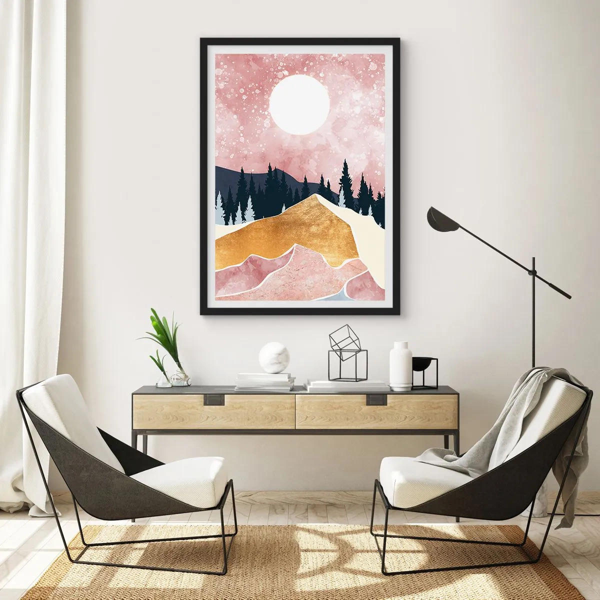 Pôster com moldura preta - Paisagem abstrata com floresta, montanhas e detalhes dourados - 50x70cm - Ronda Noturna - Decoração de parede moderna para a sala de estar e quarto ARTTOR
