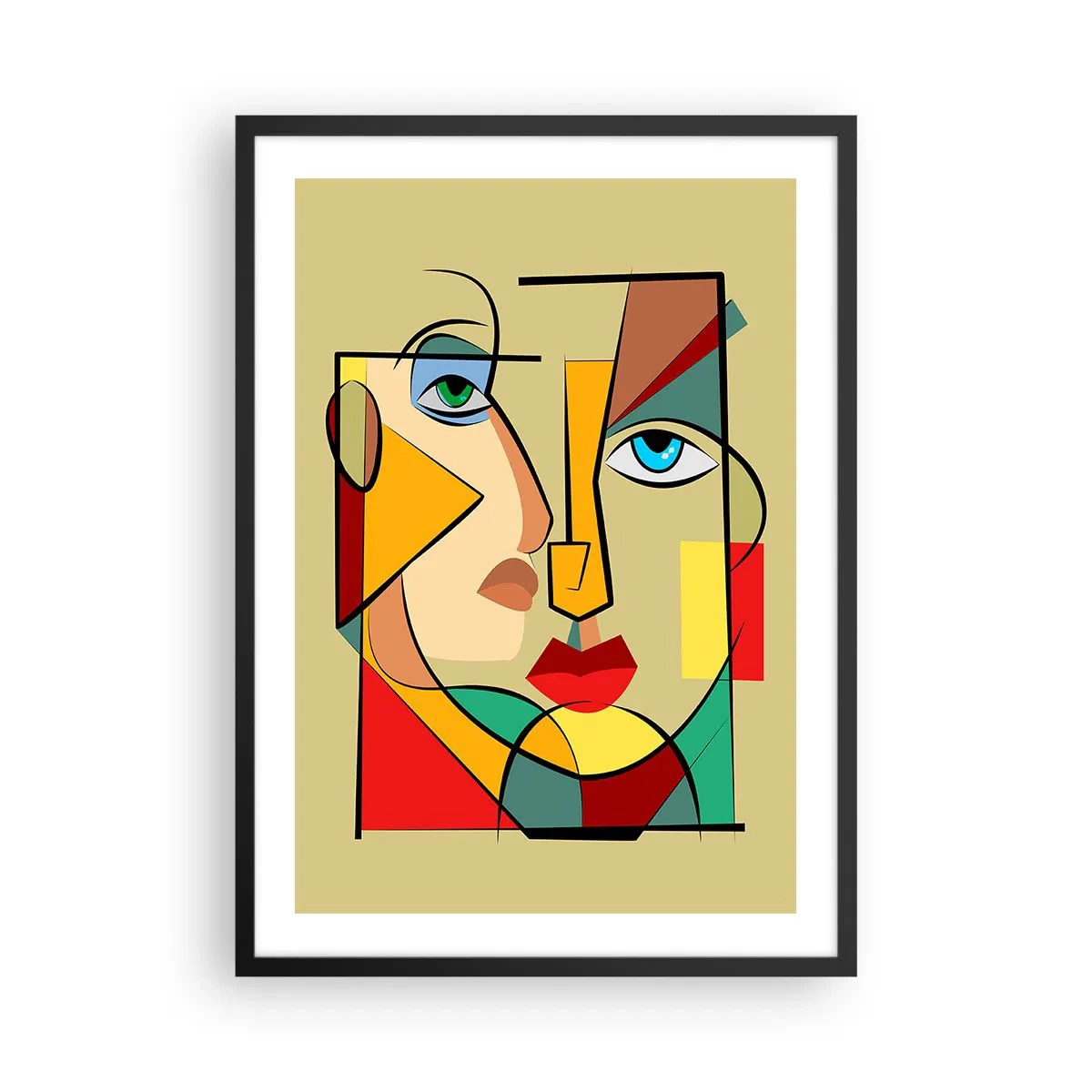 Pôster com moldura preta - Um retrato cubista em cores intensas - 50x70cm - Casal que combina - Decoração de parede moderna para a sala de estar e quarto ARTTOR