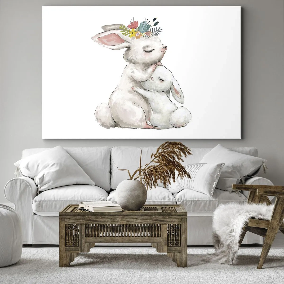 Quadro em tela - Coelhos fofos em cores pastel - 70x50cm - Nada melhor do que amor de mãe - Decoração de parede moderna para a sala de estar e quarto ARTTOR