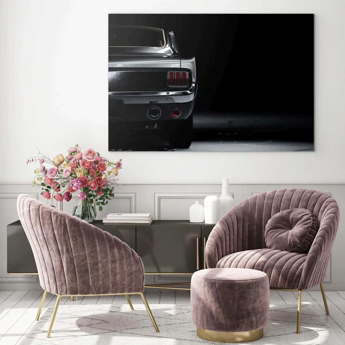 Quadro em vidro - A traseira de um carro clássico em um interior escuro e elegante - 70x50cm - O charme do clássico - Decoração de parede moderna para a sala de estar e quarto ARTTOR