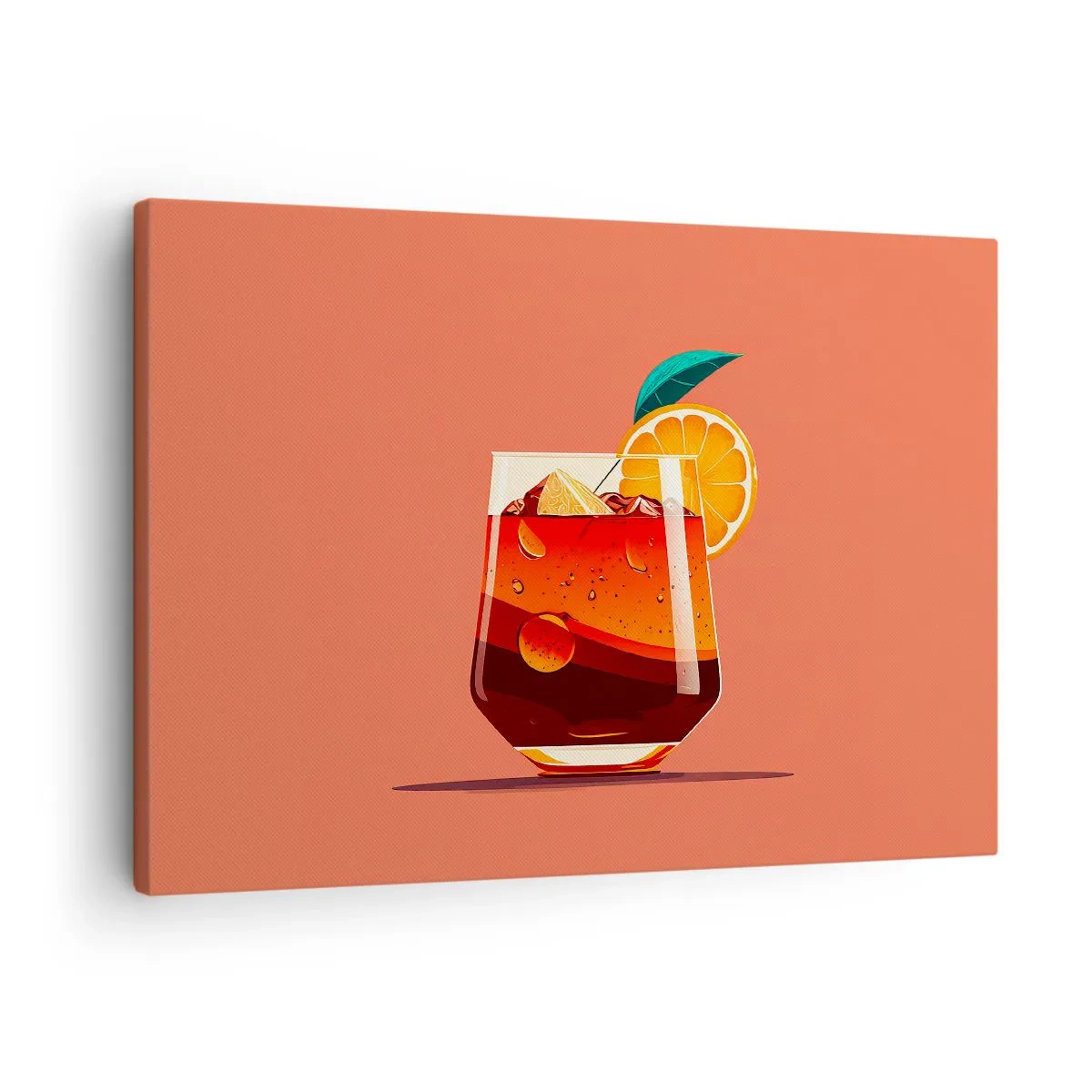 Quadro em tela - Um copo de bebida e uma fatia de laranja em um fundo laranja - 70x50cm - Refresco de verão - Decoração de parede moderna para a sala de estar e quarto ARTTOR