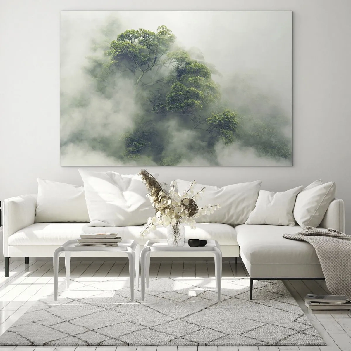 Quadro em vidro - Árvores da floresta tropical emergindo da névoa espessa - 70x50cm - Envolto em neblina - Decoração de parede moderna para a sala de estar e quarto ARTTOR