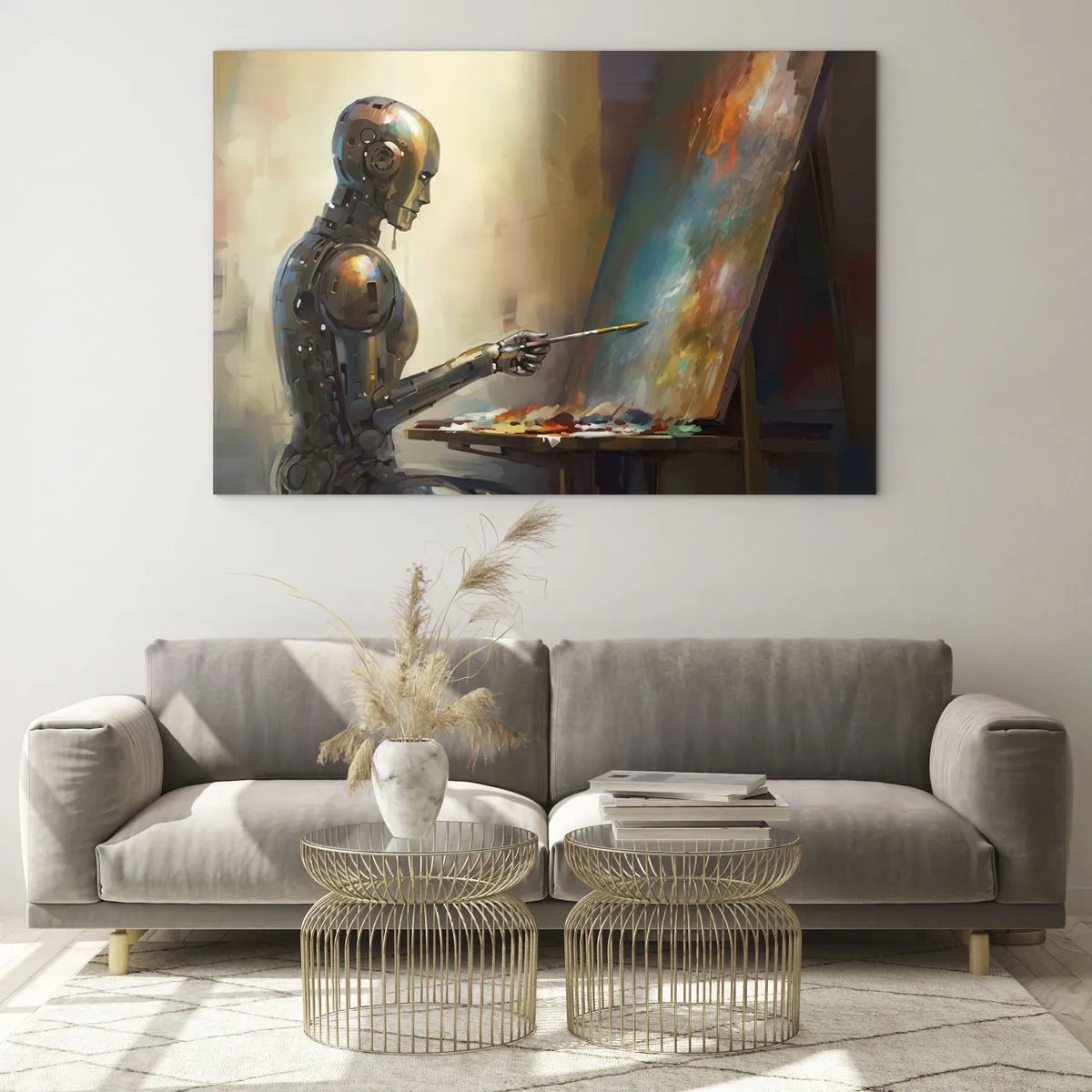 Quadro em vidro - Um robô pintando um quadro em um cavalete - 70x50cm - A arte do futuro - Decoração de parede moderna para a sala de estar e quarto ARTTOR