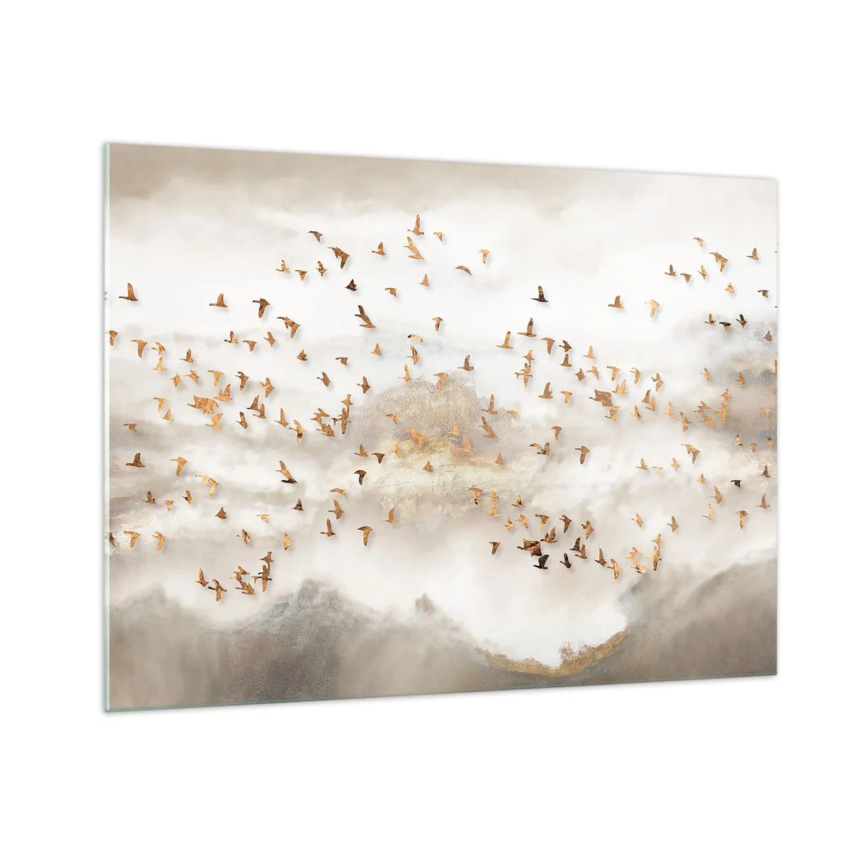 Quadro em vidro - Um bando de pássaros voando sobre uma paisagem enevoada - 70x50cm - Está na hora… - Decoração de parede moderna para a sala de estar e quarto ARTTOR