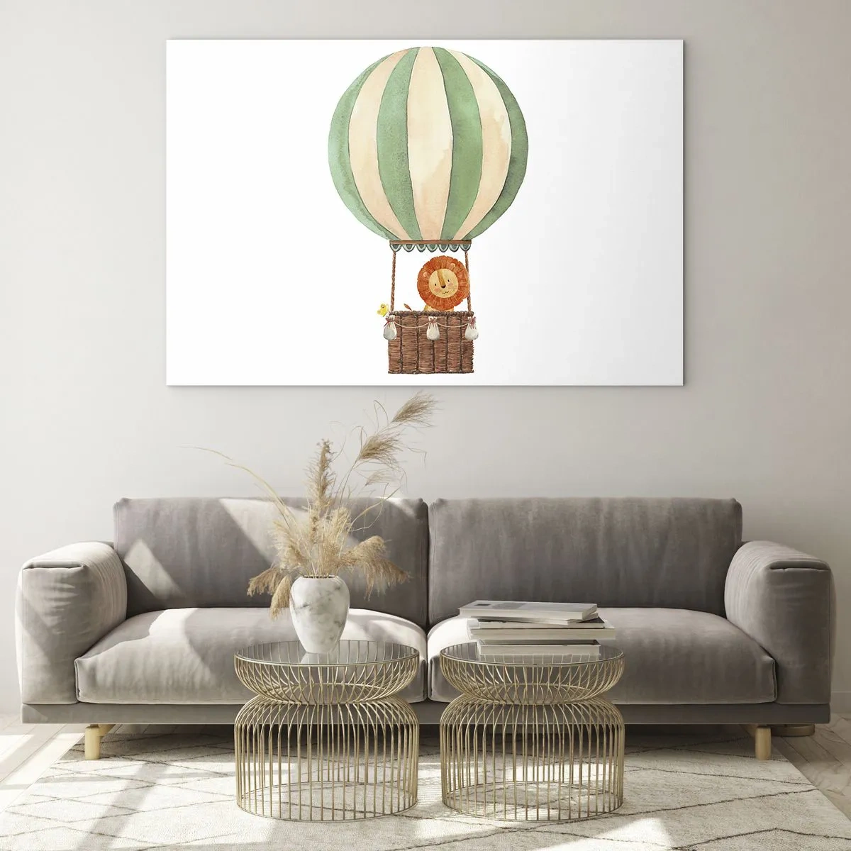 Quadro em vidro - Um leão em uma cesta de balão flutuando sobre um fundo branco - 70x50cm - As viagens de Leon - Decoração de parede moderna para a sala de estar e quarto ARTTOR