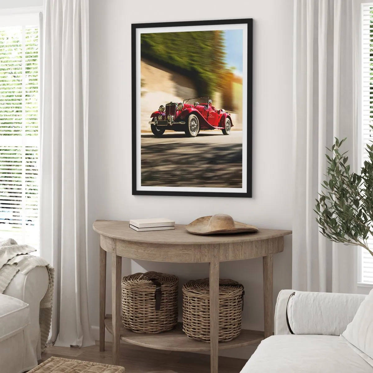 Pôster com moldura preta - Carro clássico vermelho contra uma paisagem desfocada - 50x70cm - Mais bonita que a Vitória de Samotrácia - Decoração de parede moderna para a sala de estar e quarto ARTTOR