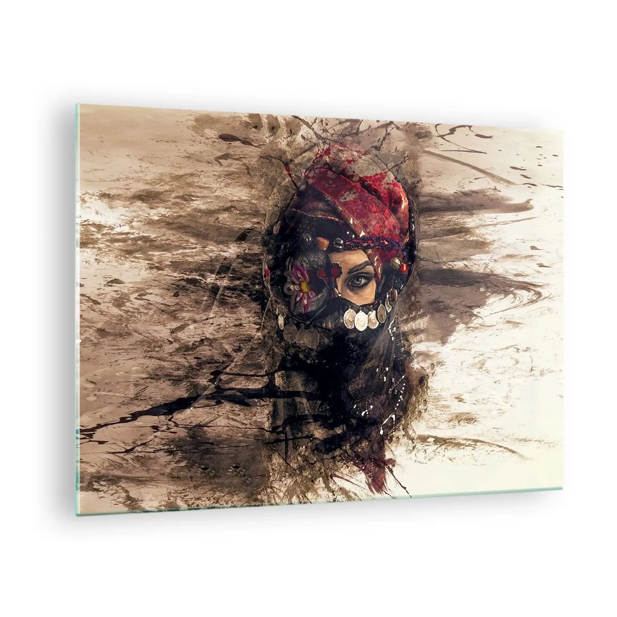 Quadro em vidro - Retrato de uma mulher misteriosa com um turbante vermelho - 70x50cm - Perturbador, para dizer o mínimo - Decoração de parede moderna para a sala de estar e quarto ARTTOR