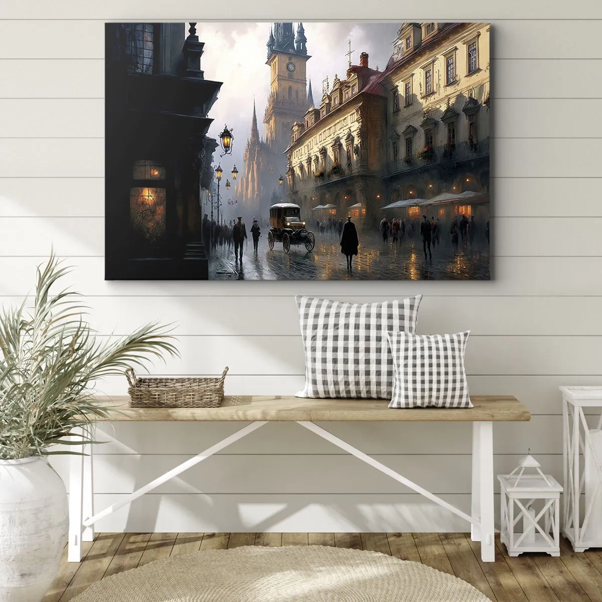 Quadro em tela - Cena de rua noturna com arquitetura histórica - 70x50cm - O encanto de uma noite em Praga - Decoração de parede moderna para a sala de estar e quarto ARTTOR