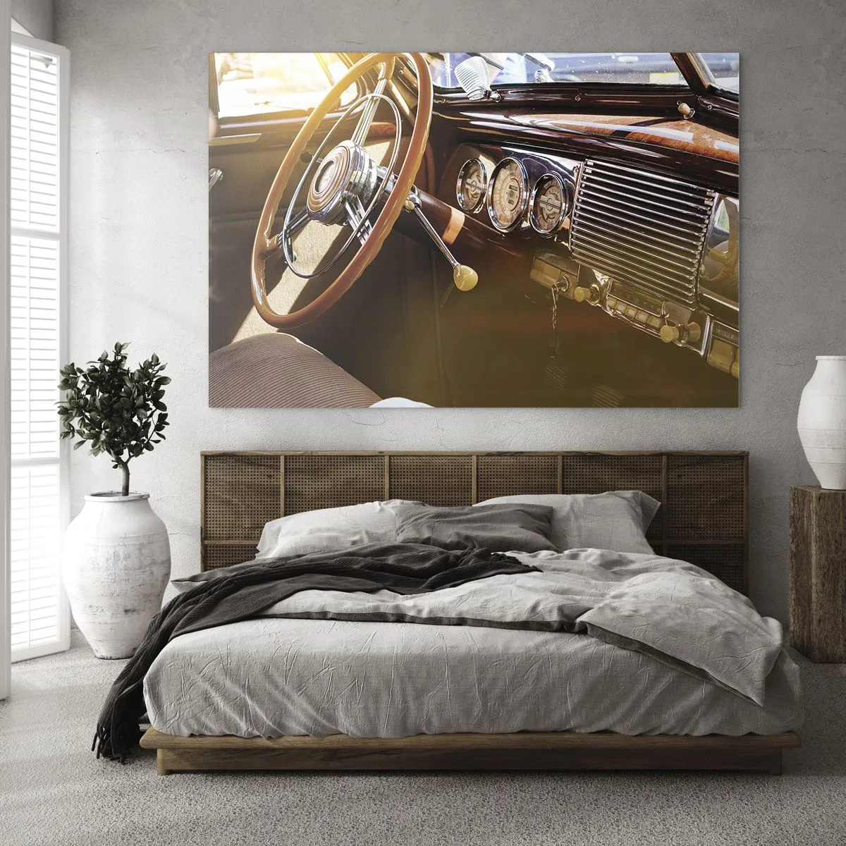 Quadro em vidro - Interior de um carro antigo com volante de madeira - 70x50cm - Um sopro de luxo do passado - Decoração de parede moderna para a sala de estar e quarto ARTTOR