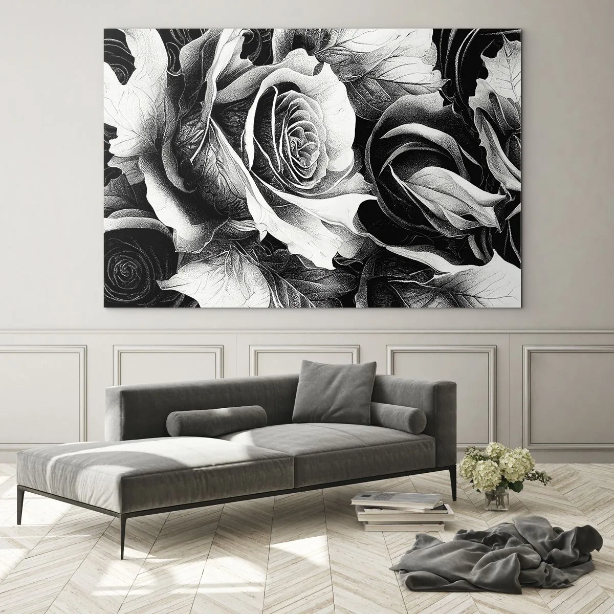 Quadro em vidro - Arranjo de flores rosas pretas e brancas com detalhes - 70x50cm - Sempre uma rainha - Decoração de parede moderna para a sala de estar e quarto ARTTOR