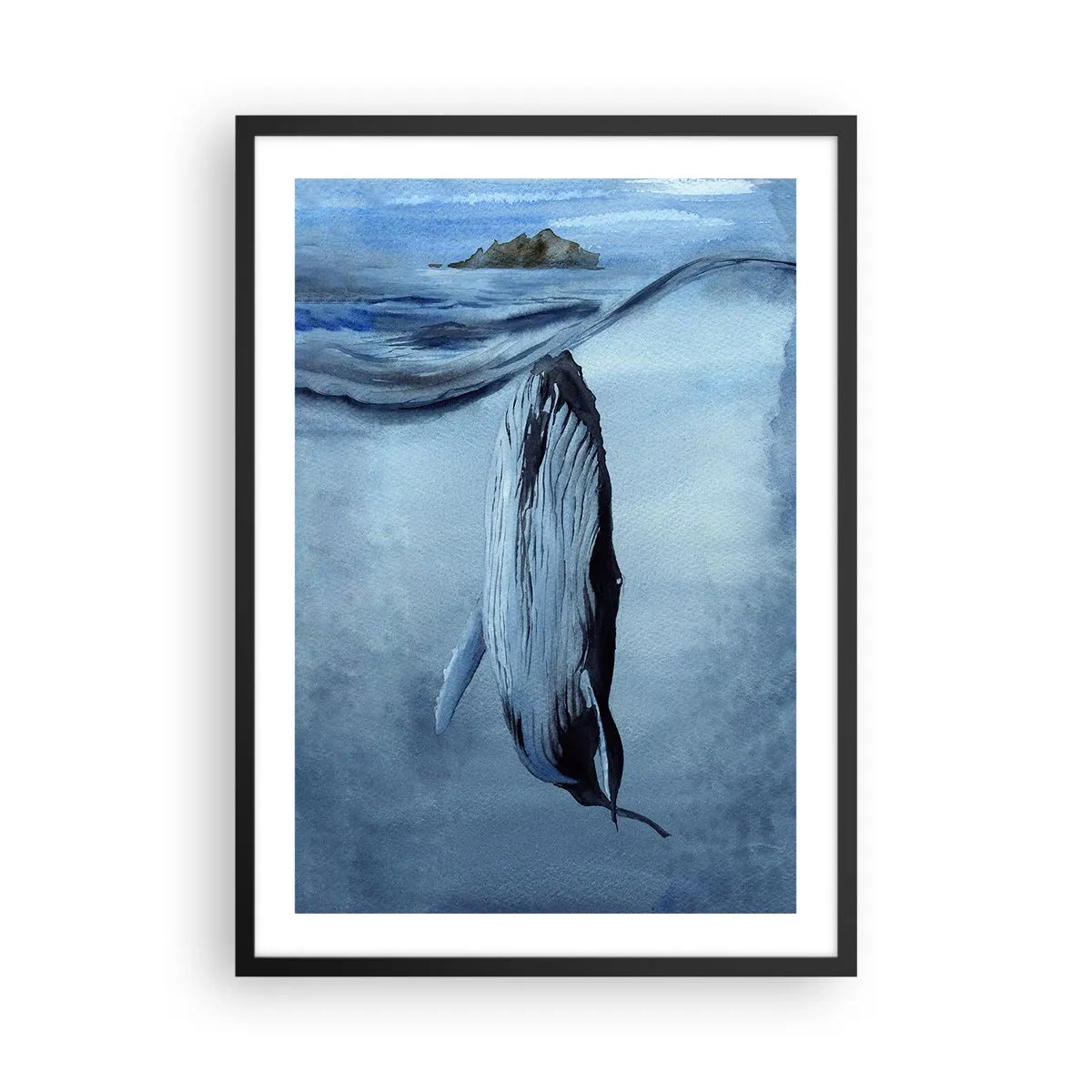 Pôster com moldura preta - Uma baleia sob a superfície do oceano - 50x70cm - Dois mundos do norte - Decoração de parede moderna para a sala de estar e quarto ARTTOR