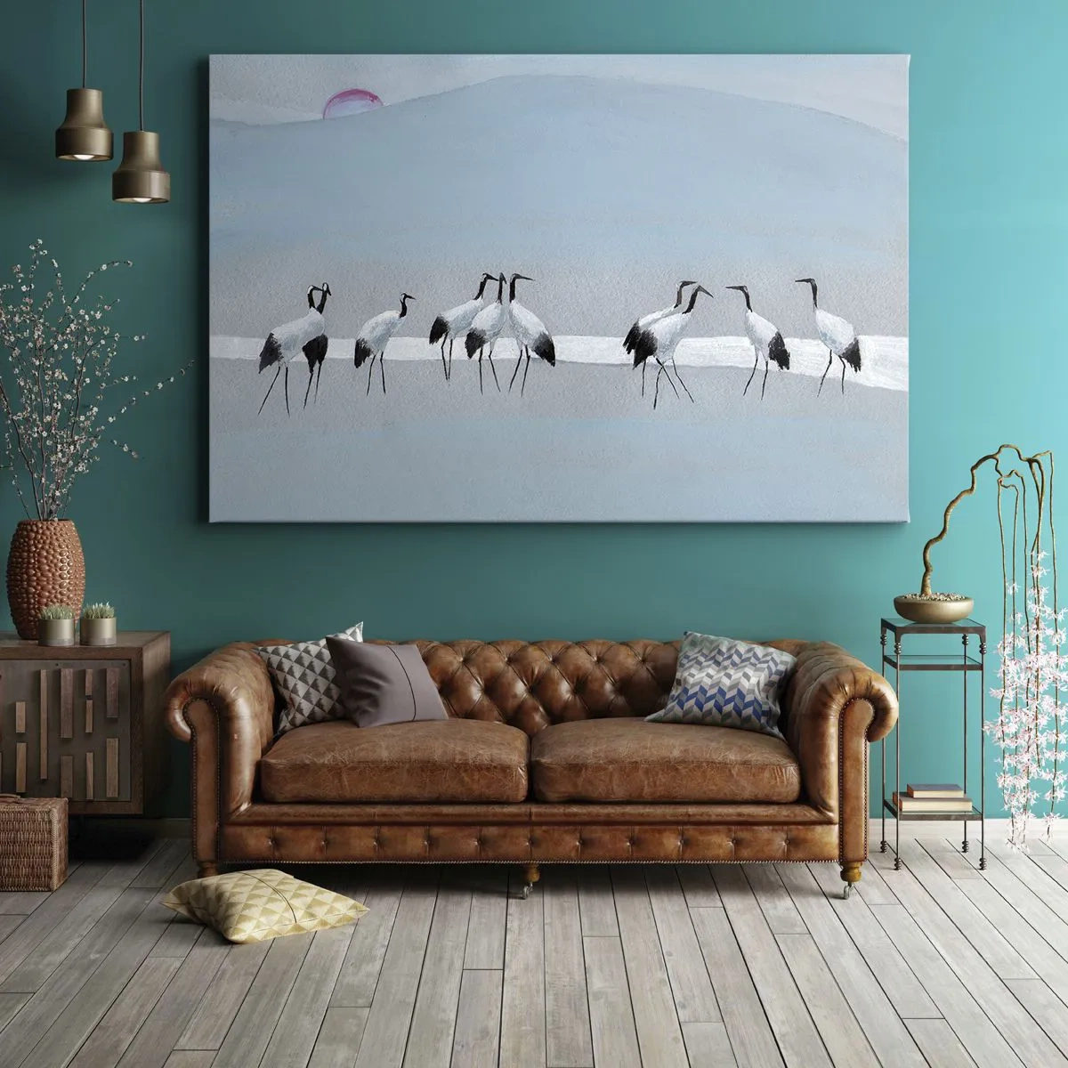 Quadro em tela - Um grupo de guindastes contra um céu azul e o sol nascente - 70x50cm - Depois de um dia quente - Decoração de parede moderna para a sala de estar e quarto ARTTOR