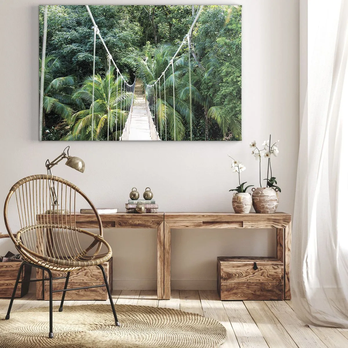 Quadro em tela - Uma ponte suspensa em uma selva tropical cheia de vegetação - 70x50cm - Bem-vindo à selva! - Decoração de parede moderna para a sala de estar e quarto ARTTOR