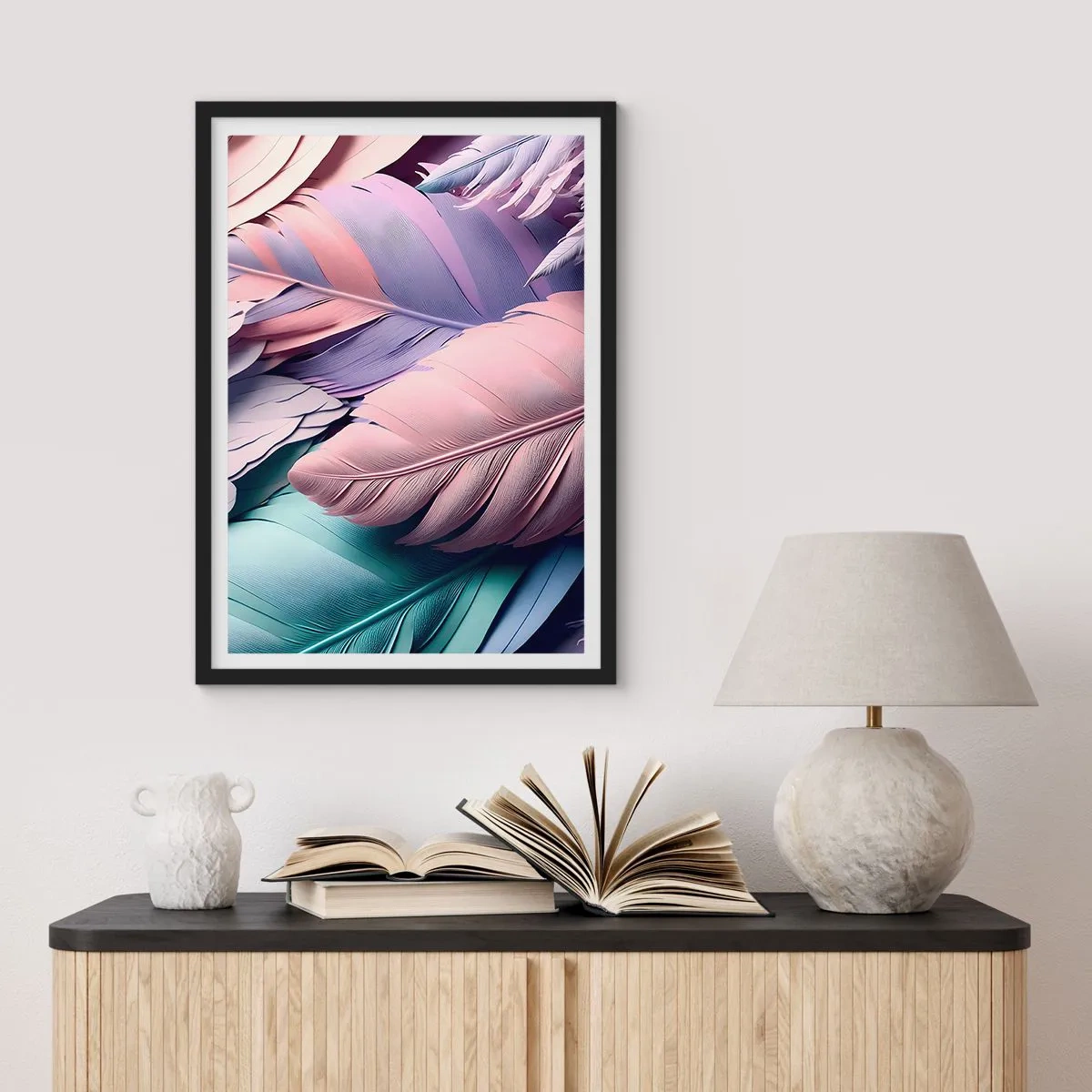 Pôster com moldura preta - Penas pastéis em tons delicados - 50x70cm - Pássaro chique - Decoração de parede moderna para a sala de estar e quarto ARTTOR