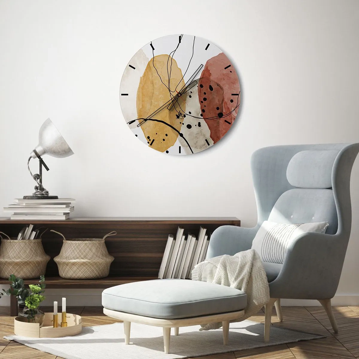Relógio de parede - Relógio em vidro - Formas abstratas coloridas com linhas e pontos pretos - 30x30cm - Como o ar leve e transparente - Decoração de parede moderna para a sala de estar, cozinha e quarto ARTTOR