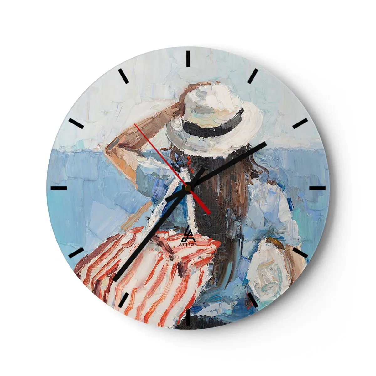 Relógio de parede - Relógio em vidro - Uma pintura de verão de uma mulher de chapéu contra o mar - 30x30cm - Bem-vindo às suas férias - Decoração de parede moderna para a sala de estar, cozinha e quarto ARTTOR