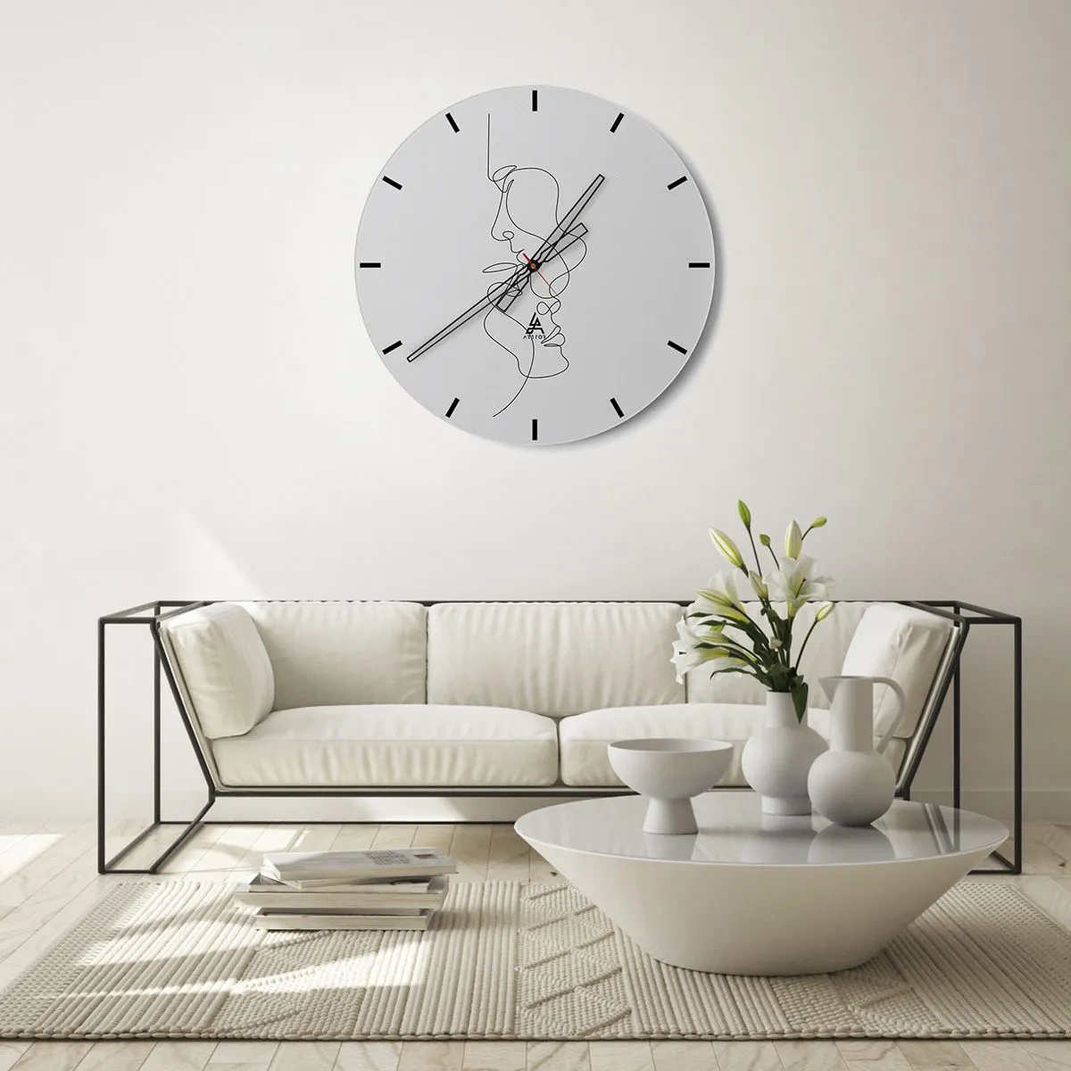 Relógio de parede - Relógio em vidro - Contornos de rosto minimalistas em linhas pretas sobre fundo branco - 30x30cm - O calor dos desejos amargos - Decoração de parede moderna para a sala de estar, cozinha e quarto ARTTOR