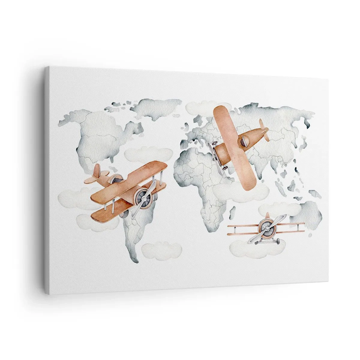 Quadro em tela - Ilustração de um mapa-múndi com aviões - 70x50cm - Com espírito pioneiro - Decoração de parede moderna para a sala de estar e quarto ARTTOR