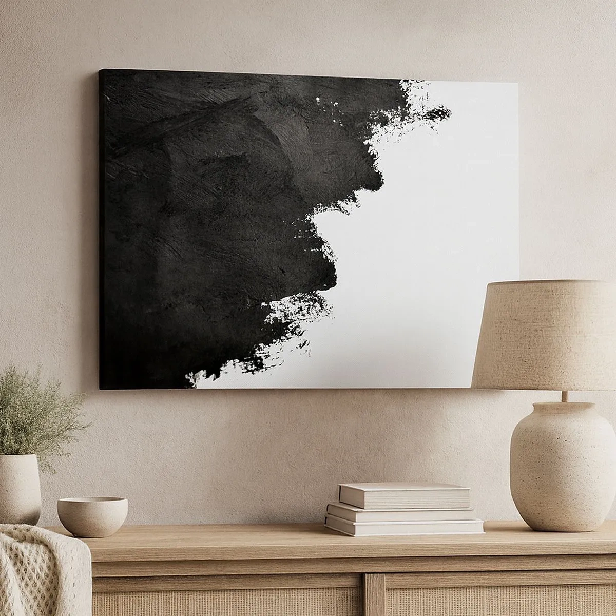 Quadro em tela - Abstração em preto e branco com pinceladas contrastantes - 70x50cm - Elementos: terra - Decoração de parede moderna para a sala de estar e quarto ARTTOR