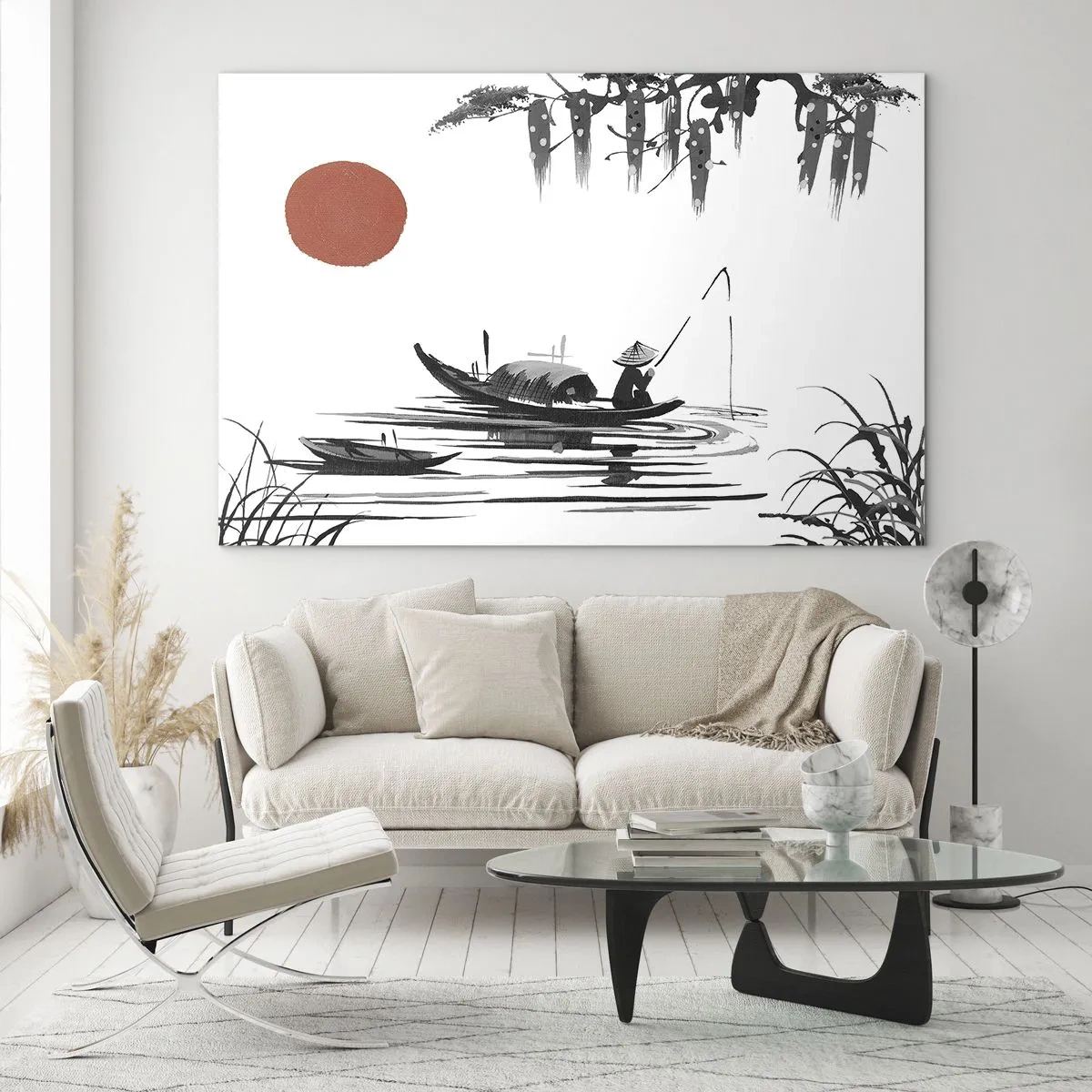Quadro em vidro - Barco de pesca tradicional em um rio com um sol vermelho - 70x50cm - Tarde asiática - Decoração de parede moderna para a sala de estar e quarto ARTTOR