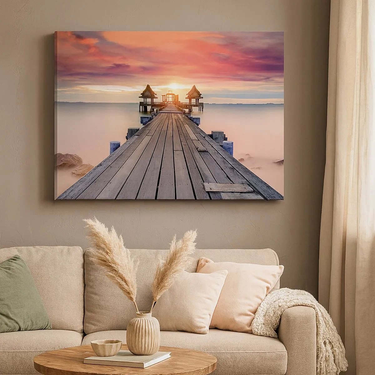 Quadro em tela - Píer de madeira que leva aos mirantes ao pôr do sol - 70x50cm - De oeste para leste - Decoração de parede moderna para a sala de estar e quarto ARTTOR
