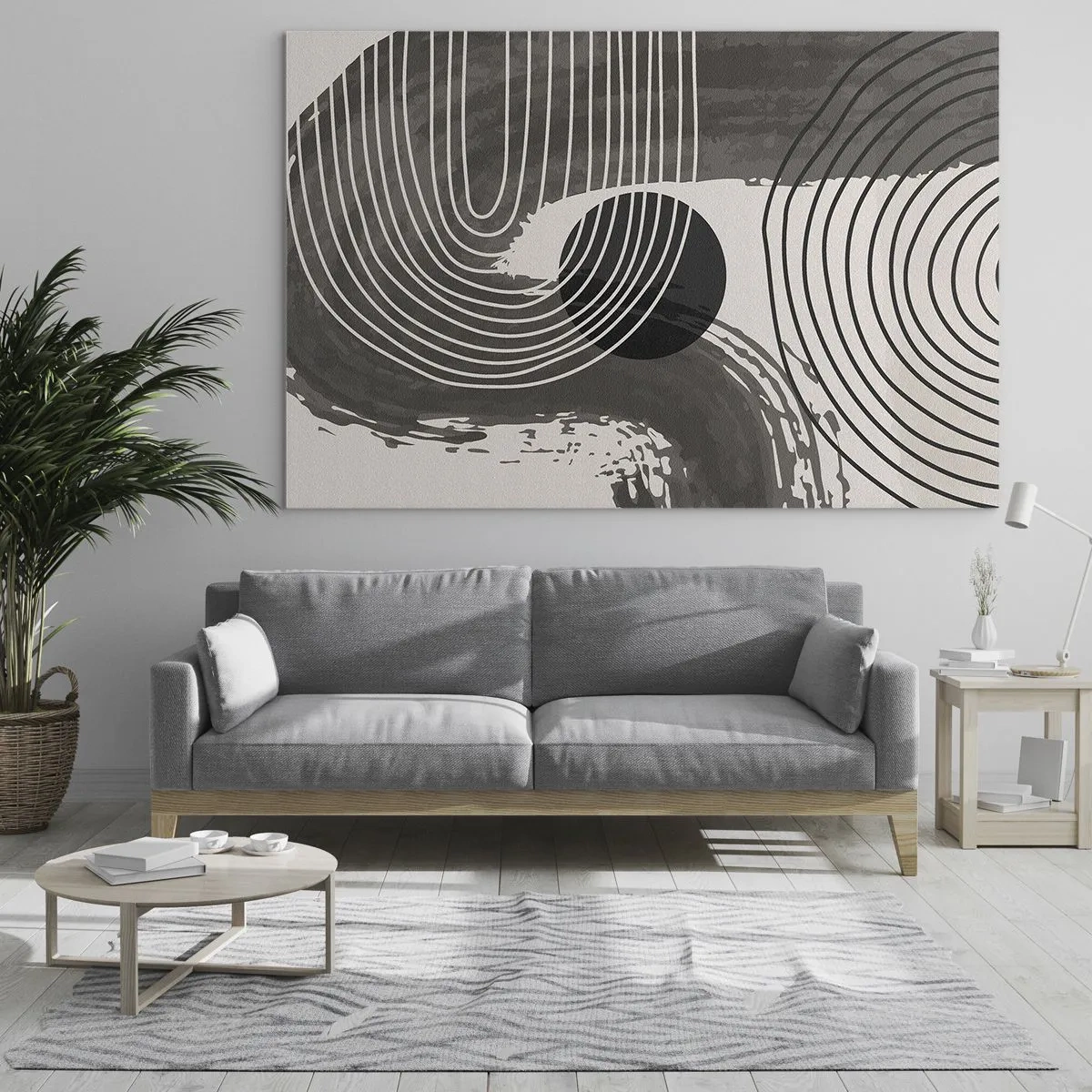 Quadro em vidro - Abstração moderna com linhas pretas e brancas e um oval - 70x50cm - O oval vence - Decoração de parede moderna para a sala de estar e quarto ARTTOR