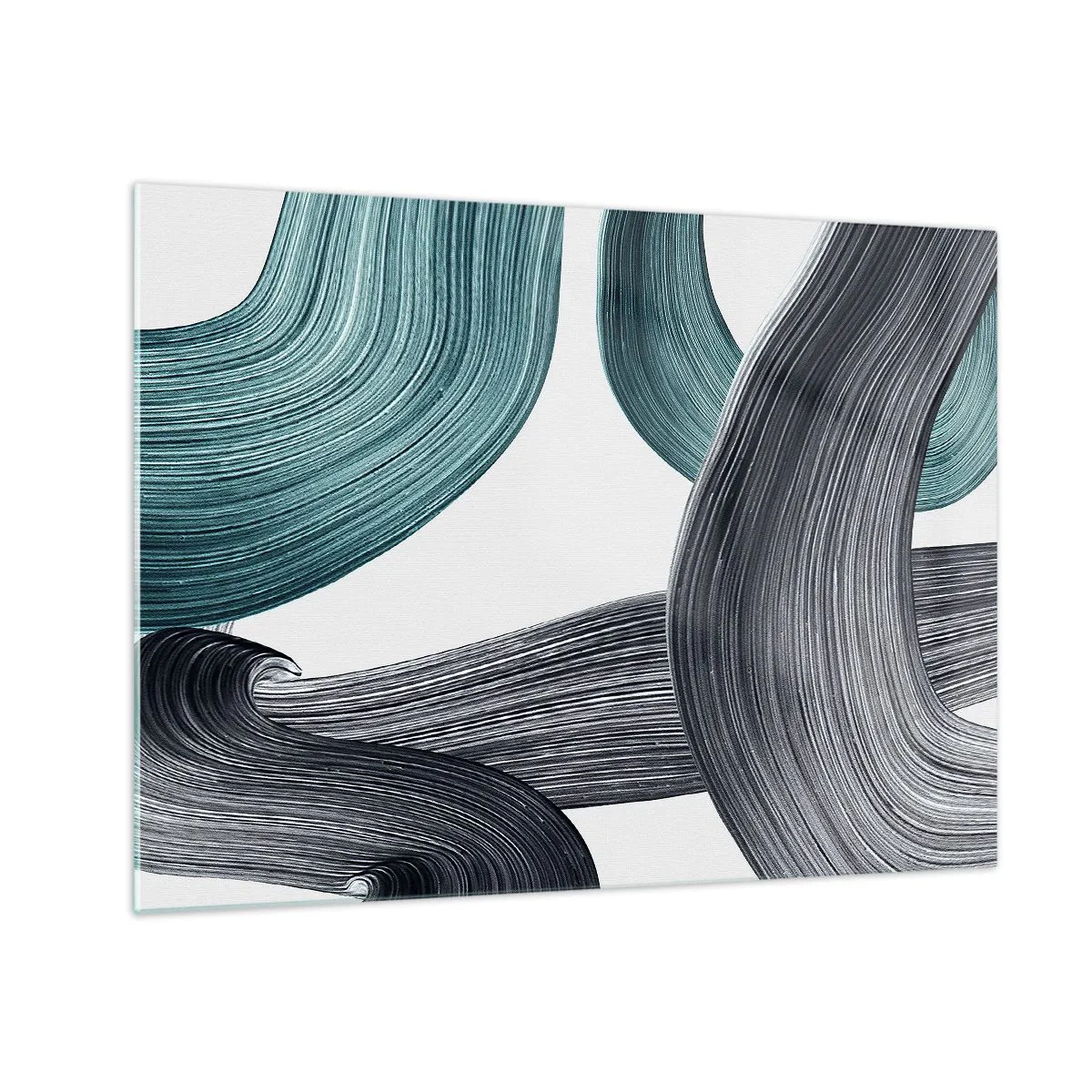 Quadro em vidro - Listras dinâmicas em tons de esmeralda e preto sobre fundo branco - 70x50cm - Trilhas esmeralda e preta - Decoração de parede moderna para a sala de estar e quarto ARTTOR