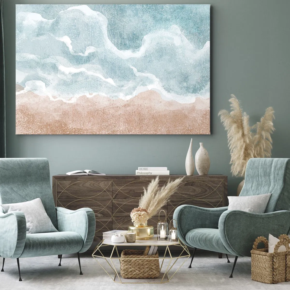 Quadro em tela - Praia abstrata com ondas em tons de azul e bege - 70x50cm - Abstração de nuvem - Decoração de parede moderna para a sala de estar e quarto ARTTOR