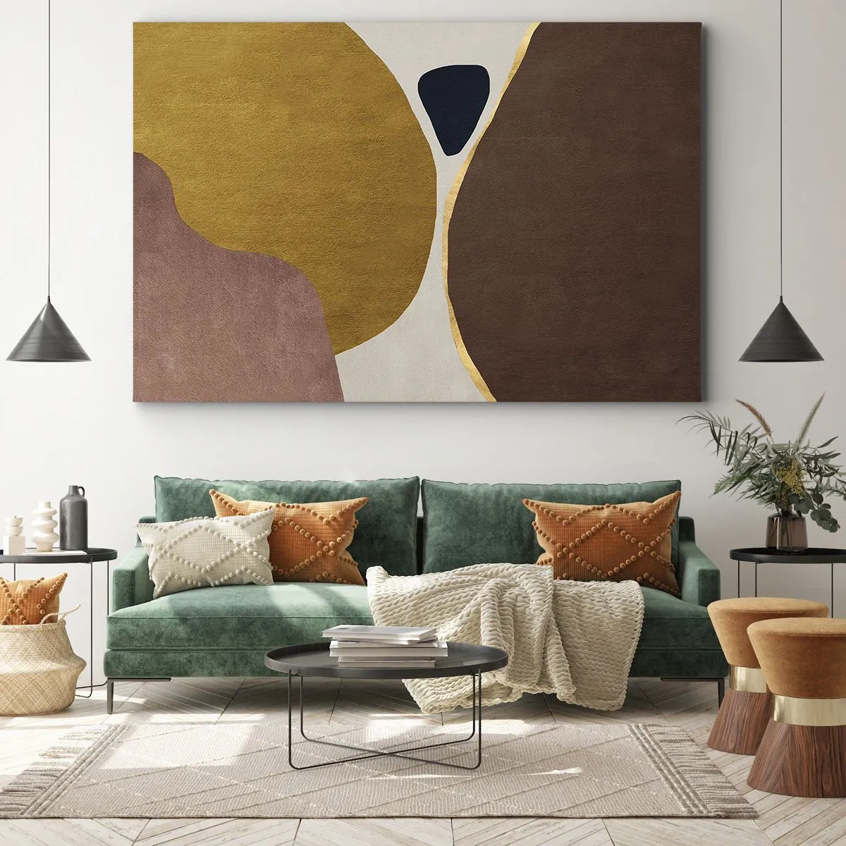 Quadro em tela - Uma composição abstrata com formas geométricas em cores quentes. - 70x50cm - Abstração – um lugar no espaço - Decoração de parede moderna para a sala de estar e quarto ARTTOR
