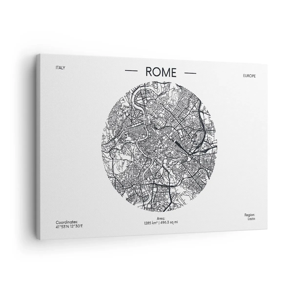 Quadro em tela - Um mapa de Roma em um estilo minimalista, preto e branco - 70x50cm - Anatomia de Roma - Decoração de parede moderna para a sala de estar e quarto ARTTOR