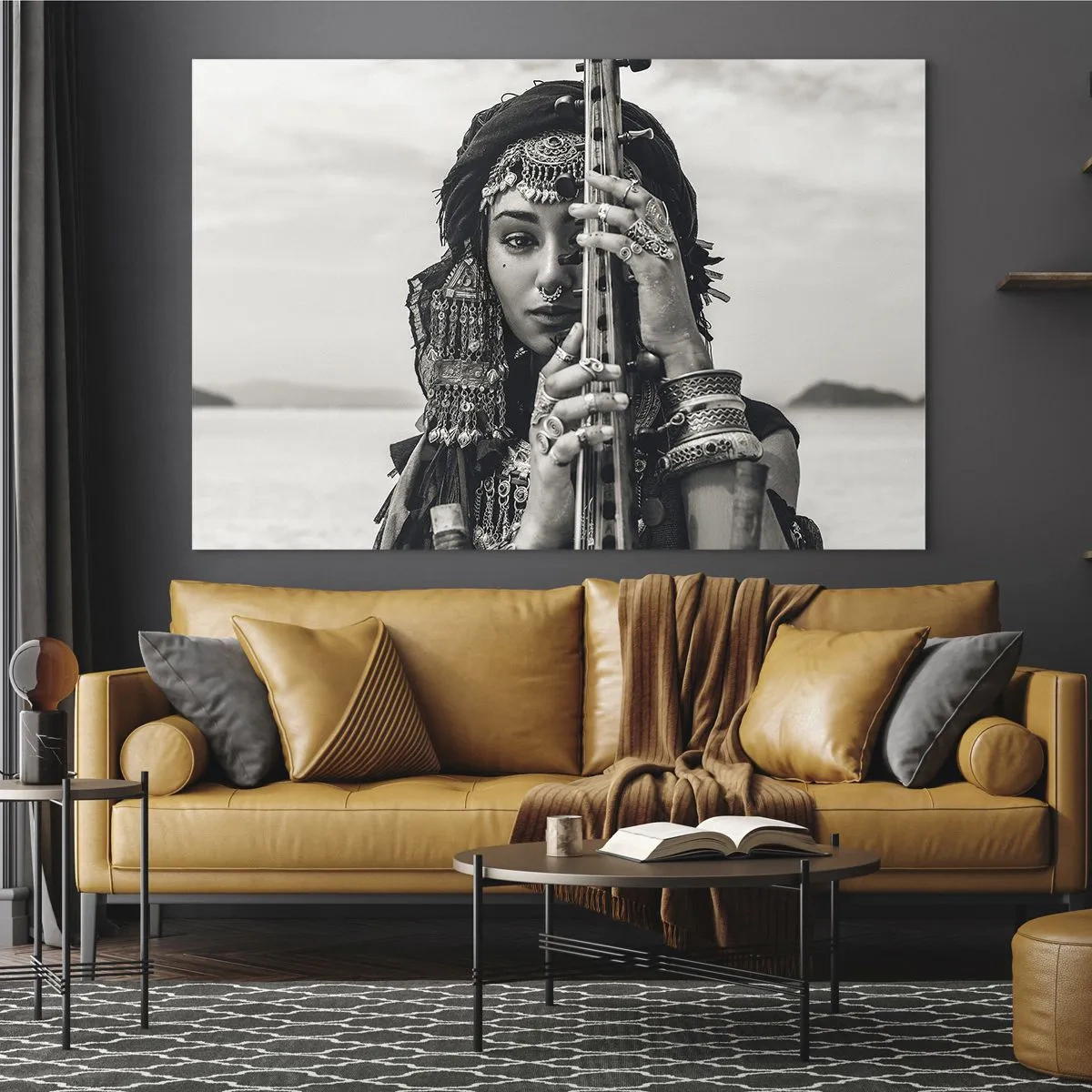 Quadro em vidro - Mulher com joias orientais com um instrumento - 70x50cm - A própria música oriental - Decoração de parede moderna para a sala de estar e quarto ARTTOR