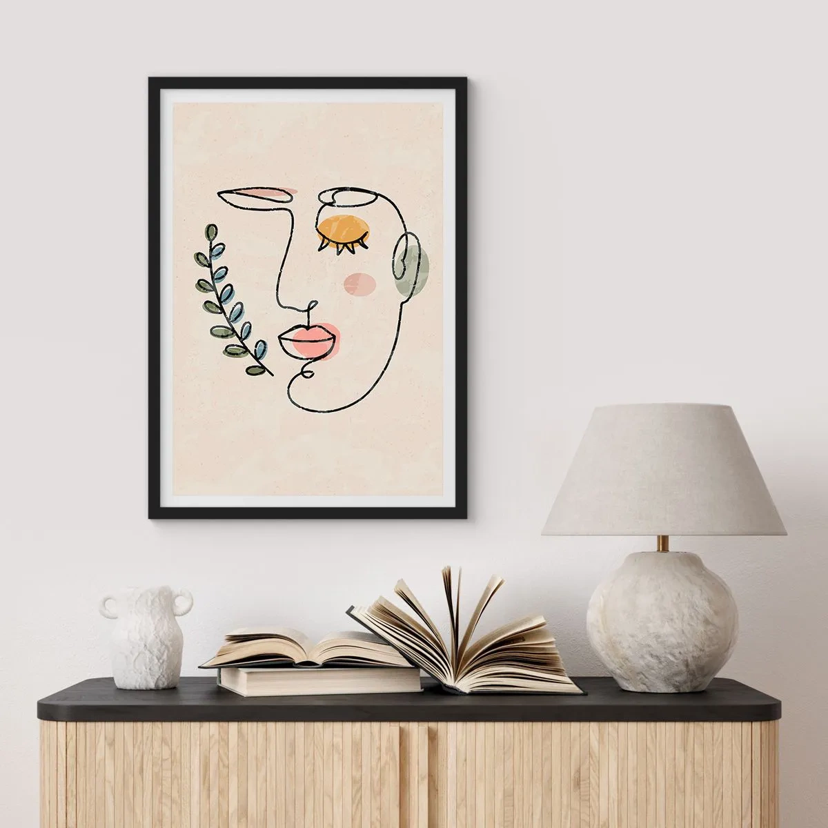 Pôster com moldura preta - Retrato minimalista de uma mulher em um fundo bege - 50x70cm - Paz encontrada - Decoração de parede moderna para a sala de estar e quarto ARTTOR