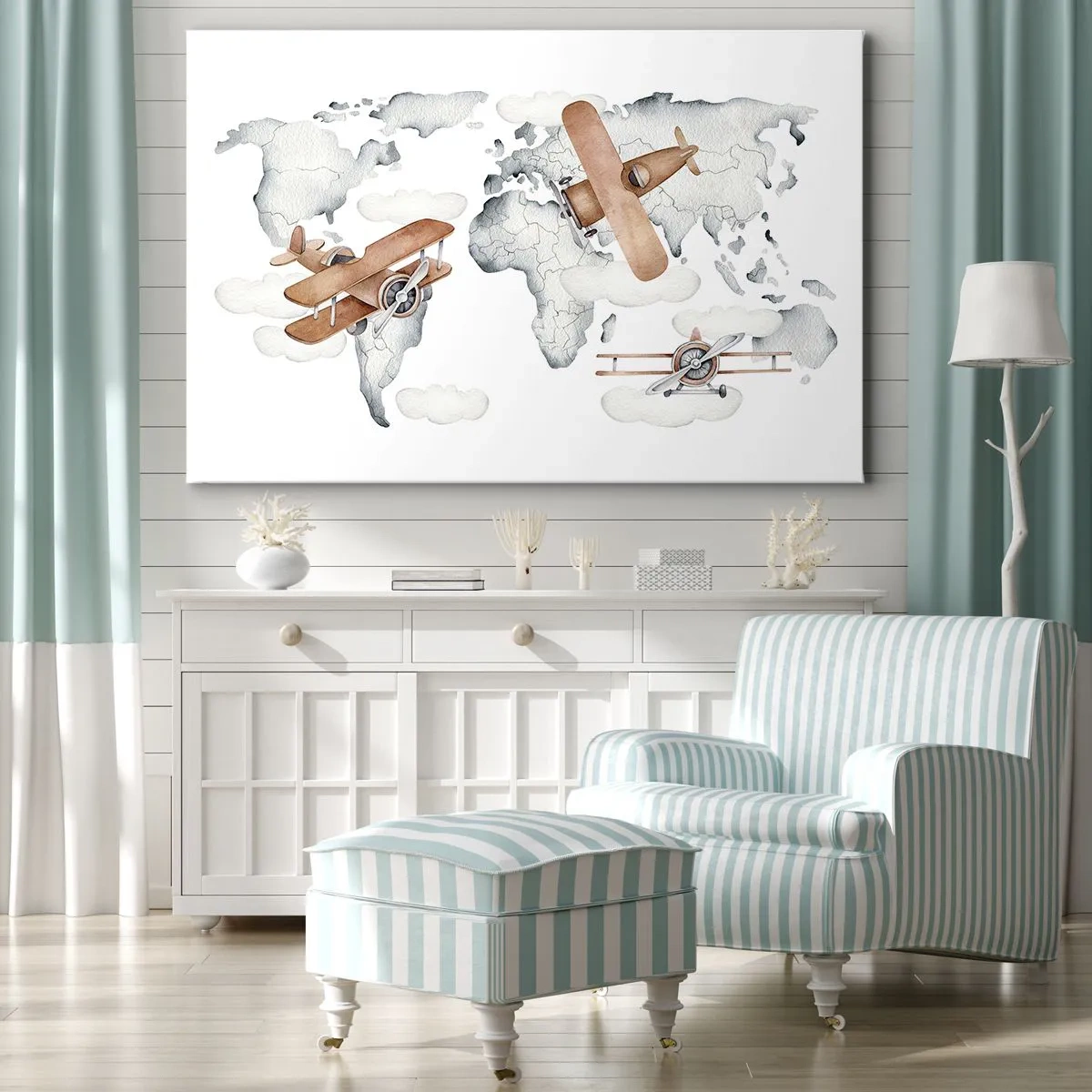 Quadro em tela - Ilustração de um mapa-múndi com aviões - 70x50cm - Com espírito pioneiro - Decoração de parede moderna para a sala de estar e quarto ARTTOR