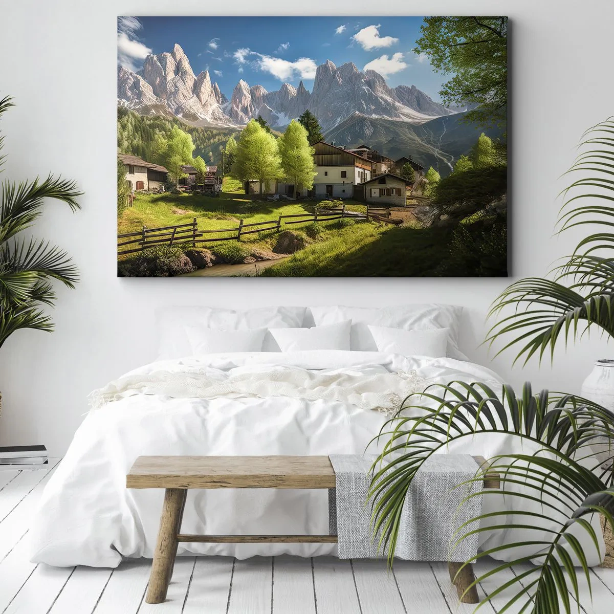 Quadro em tela - Uma vila na montanha com casas e vista para os Alpes - 70x50cm - Idílio alpino - Decoração de parede moderna para a sala de estar e quarto ARTTOR