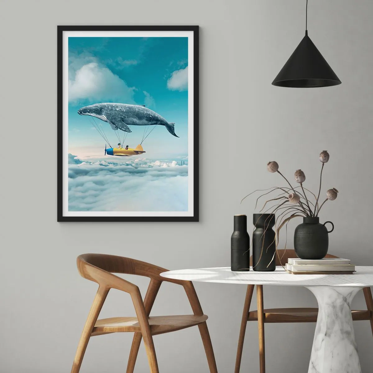Pôster com moldura preta - Uma imagem fantástica de uma baleia levantando um avião acima das nuvens. - 50x70cm - Por que não? - Decoração de parede moderna para a sala de estar e quarto ARTTOR