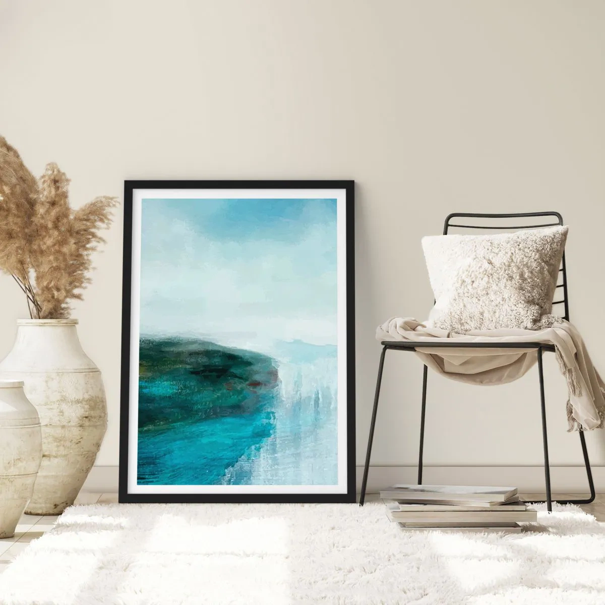 Pôster com moldura preta - Uma paisagem pitoresca com um penhasco sobre a água em tons de azul. - 50x70cm - Abstração náutica - Decoração de parede moderna para a sala de estar e quarto ARTTOR