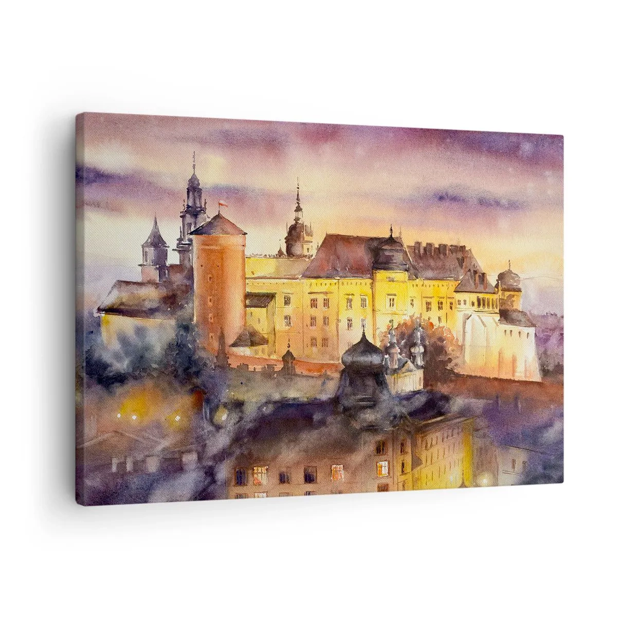 Quadro em tela - Uma pitoresca pintura em aquarela de um castelo ao pôr do sol - 70x50cm - História e conto de fadas - Decoração de parede moderna para a sala de estar e quarto ARTTOR