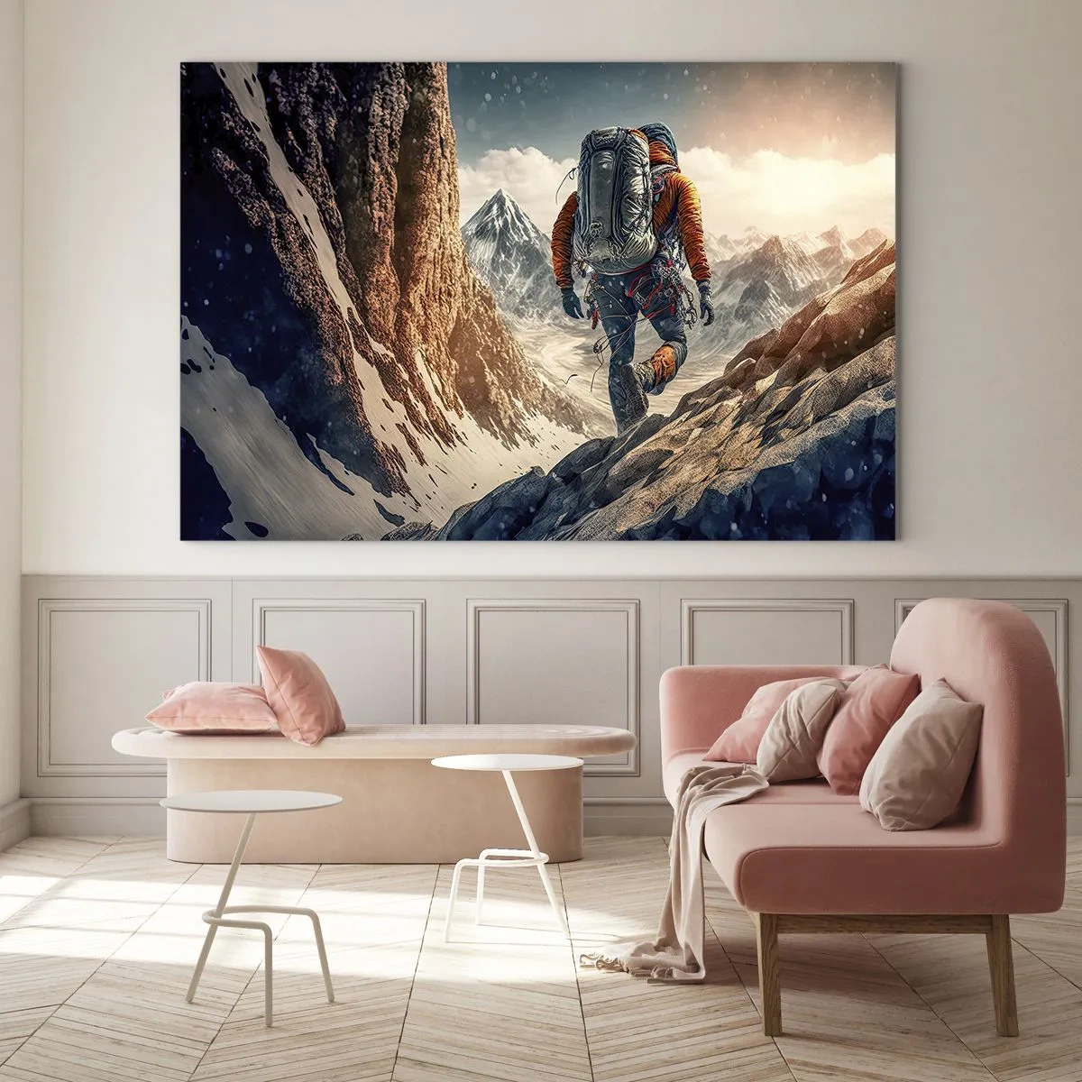 Quadro em vidro - Um caminhante escalando uma encosta rochosa e coberta de neve - 70x50cm - Guerreiro solitário - Decoração de parede moderna para a sala de estar e quarto ARTTOR