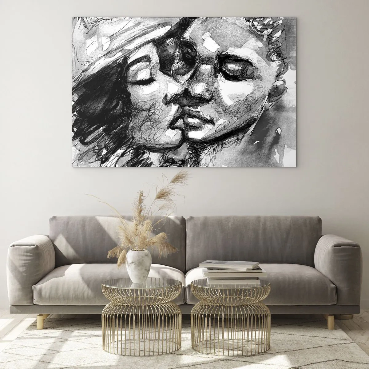 Quadro em vidro - Esboço em preto e branco de um beijo carinhoso - 70x50cm - Um momento de ternura - Decoração de parede moderna para a sala de estar e quarto ARTTOR