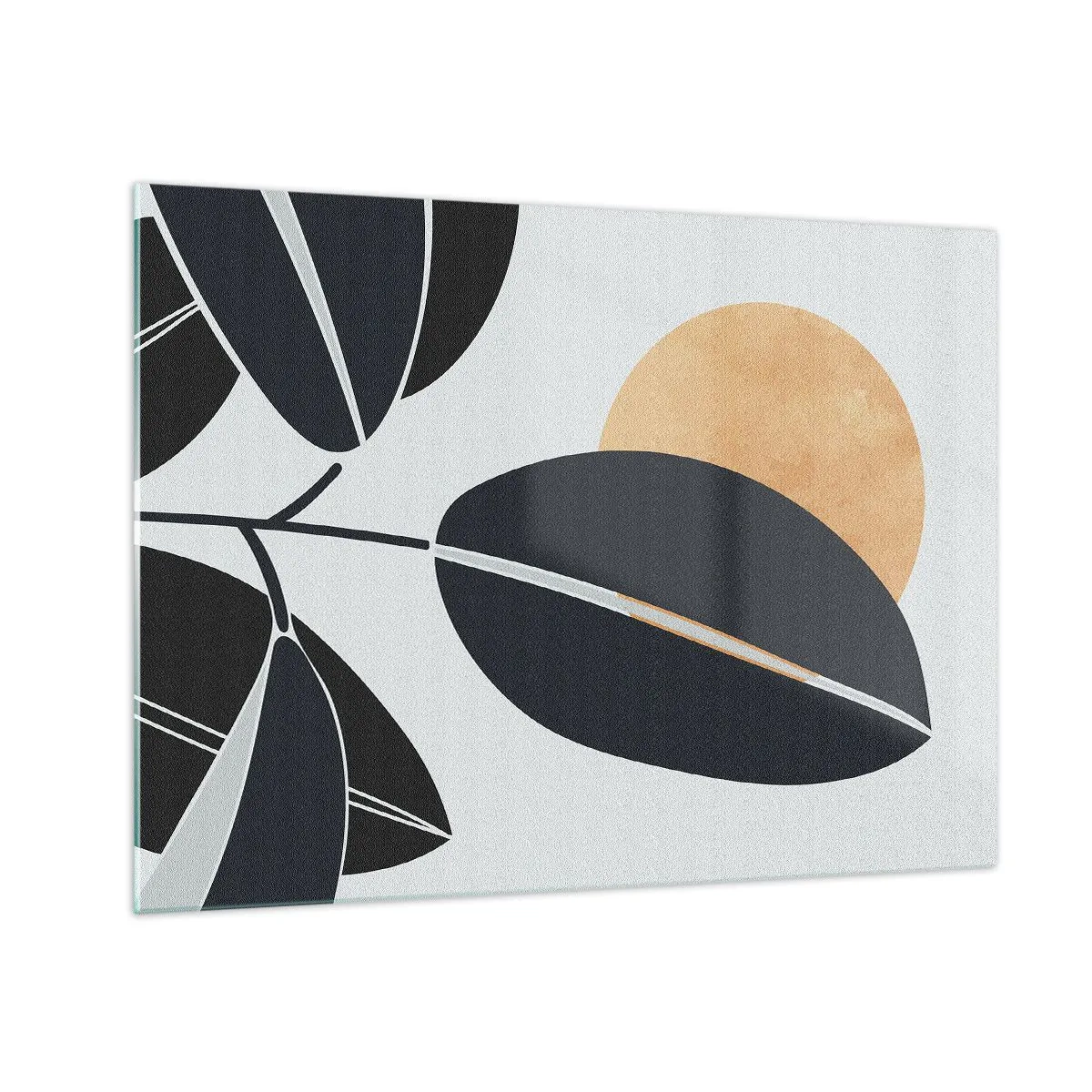 Quadro em vidro - Folhas estilizadas em preto com um sol laranja ao fundo - 70x50cm - Um dia quente de verão - Decoração de parede moderna para a sala de estar e quarto ARTTOR