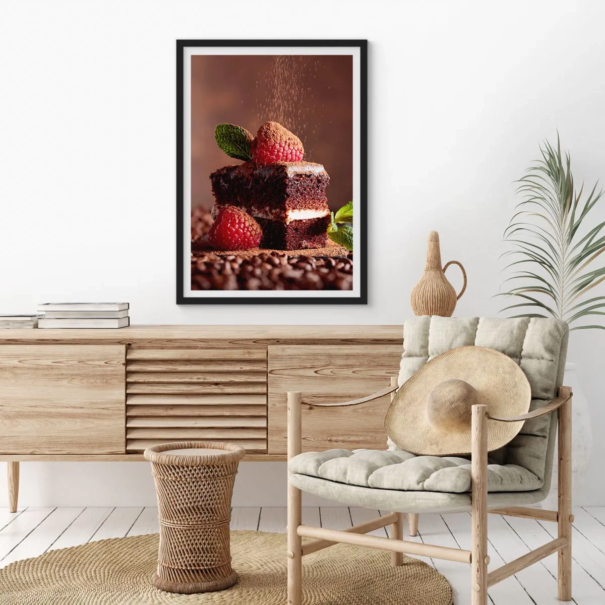 Pôster com moldura preta - Bolo de chocolate com framboesas e granulado de cacau - 50x70cm - A vida é doce - Decoração de parede moderna para a sala de estar e quarto ARTTOR