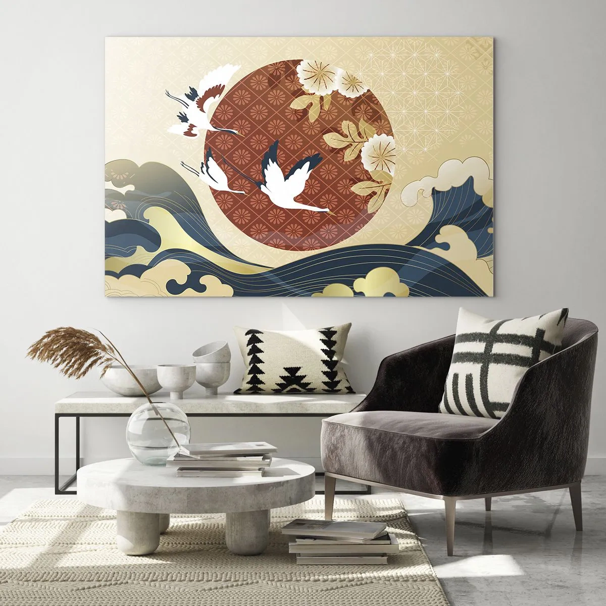 Quadro em vidro - Guindastes japoneses sobre as ondas contra um círculo vermelho - 70x50cm - Conto de fadas japonês - Decoração de parede moderna para a sala de estar e quarto ARTTOR