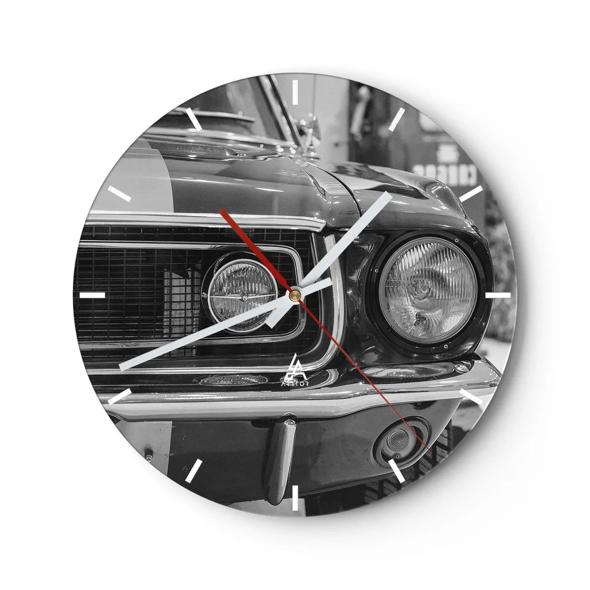 Relógio de parede - Relógio em vidro - Gráfico frontal de carro clássico em preto e branco - 30x30cm - Condução perigosa - Decoração de parede moderna para a sala de estar, cozinha e quarto ARTTOR