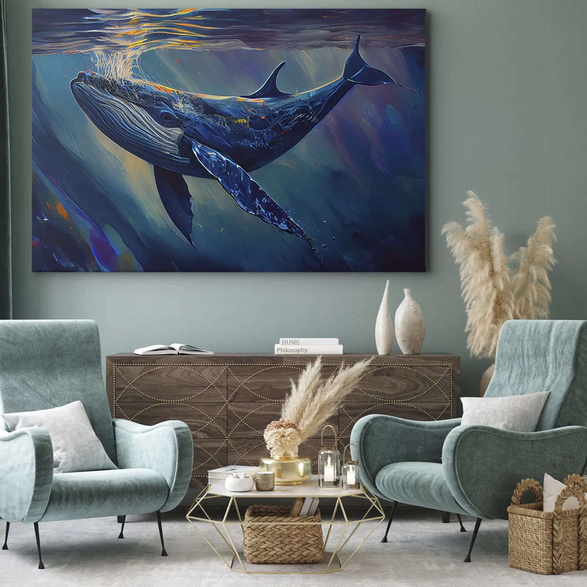 Quadro em tela - Uma baleia nas profundezas do oceano em cores luminosas - 70x50cm - Bem vindo ao meu mundo - Decoração de parede moderna para a sala de estar e quarto ARTTOR