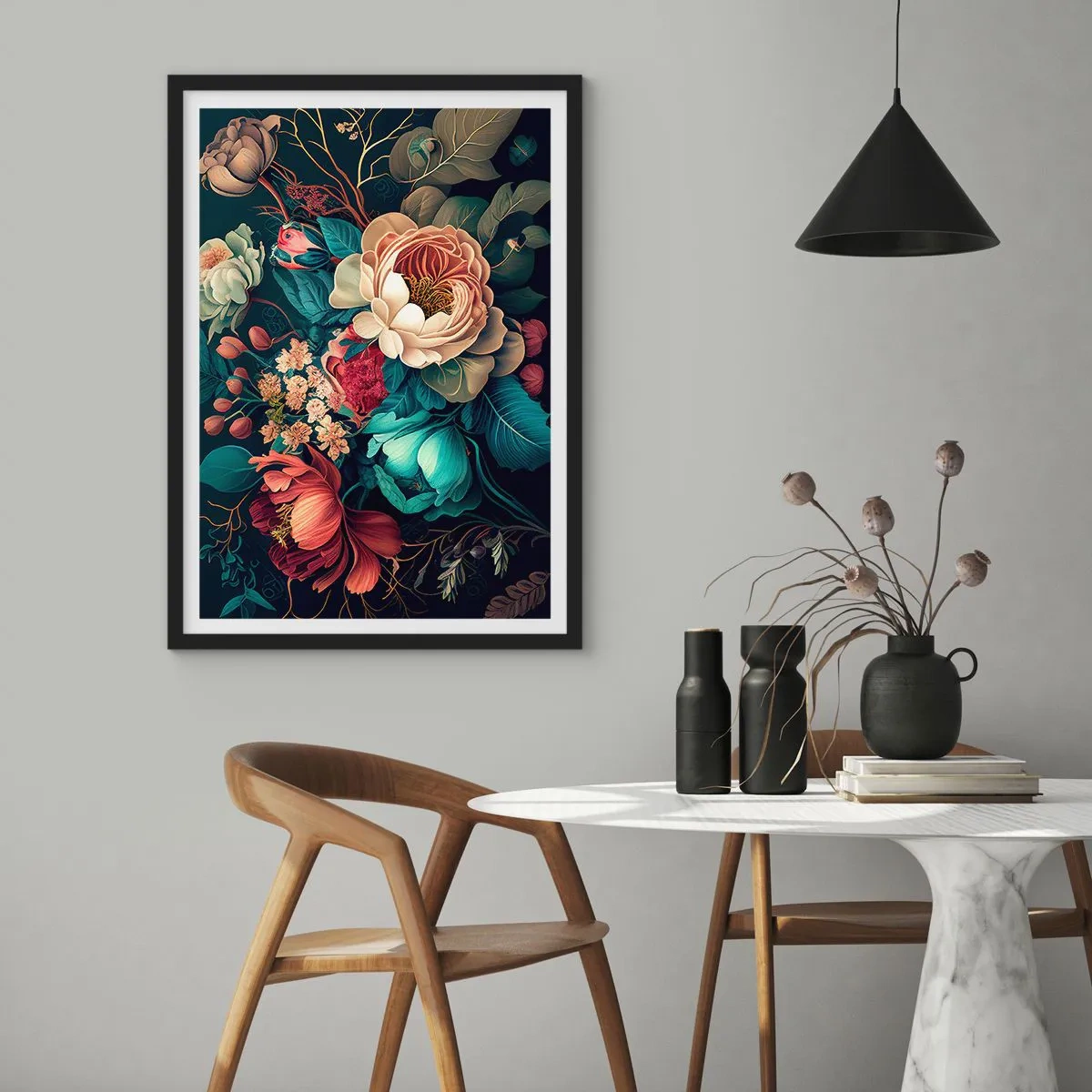 Pôster com moldura preta - Um buquê de flores em estilo barroco sobre fundo escuro - 50x70cm - Charme do século 19 - Decoração de parede moderna para a sala de estar e quarto ARTTOR